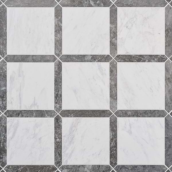 Prezzo Volakas 12x12 Square and Lovina Gray 2x12 Picket Honed Marble Tile