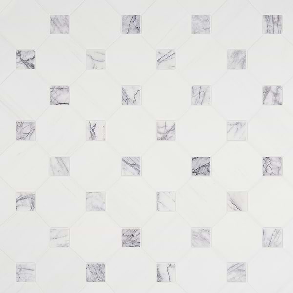 Alaris Glacier White 8" Octagon with Lilac Dot Tumbled Marble Tile