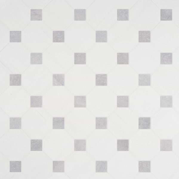 Alaris Glacier White 8" Octagon with Earth Gray Dot Tumbled Marble Tile