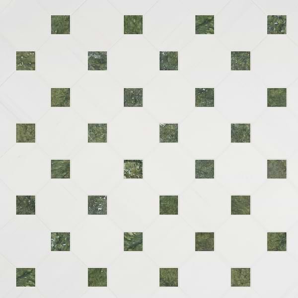 Alaris Glacier White 8" Octagon with Verde Dot Tumbled Marble Tile