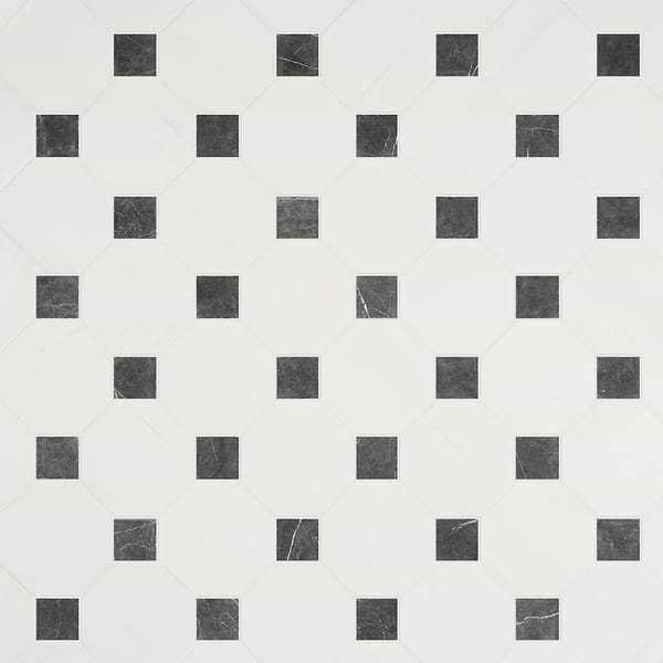 Alaris Glacier White 8" Octagon with Black Silk Dot Tumbled Marble Tile