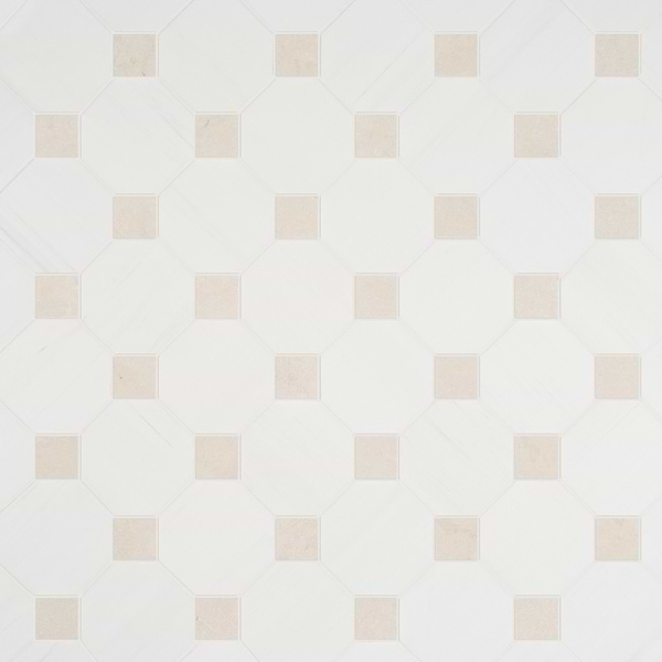 Alaris Glacier White 8" Octagon with Crema Ella Dot Tumbled Marble Tile