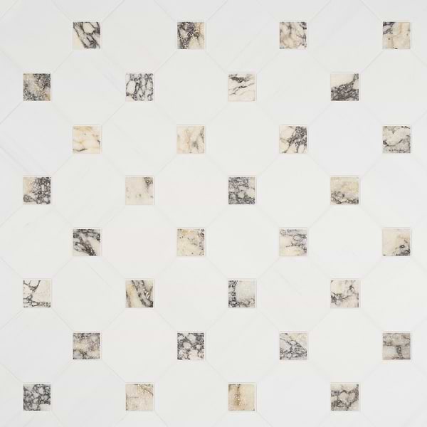 Alaris Glacier White 8" Octagon with Calacatta Viola Dot Tumbled Marble Tile