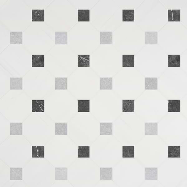 Alaris Glacier White 8" Octagon with Black Silk and Earth Gray Dot Tumbled Marble Tile