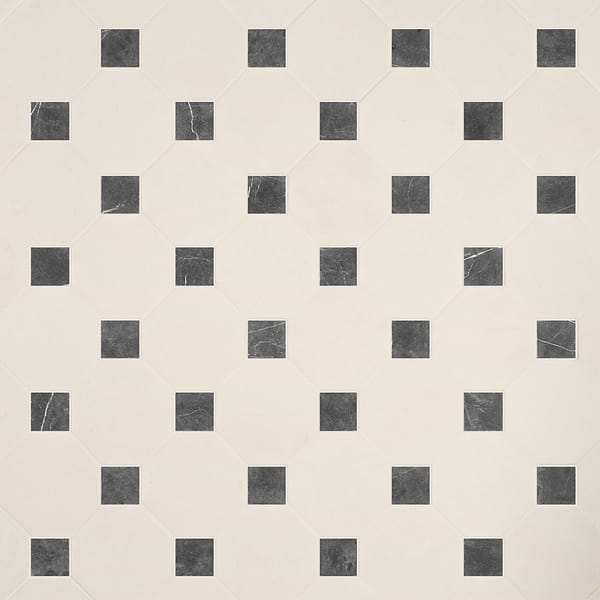Alaris Simena 8" Octagon with Black Silk Dot Tumbled Limestone and Marble Tile