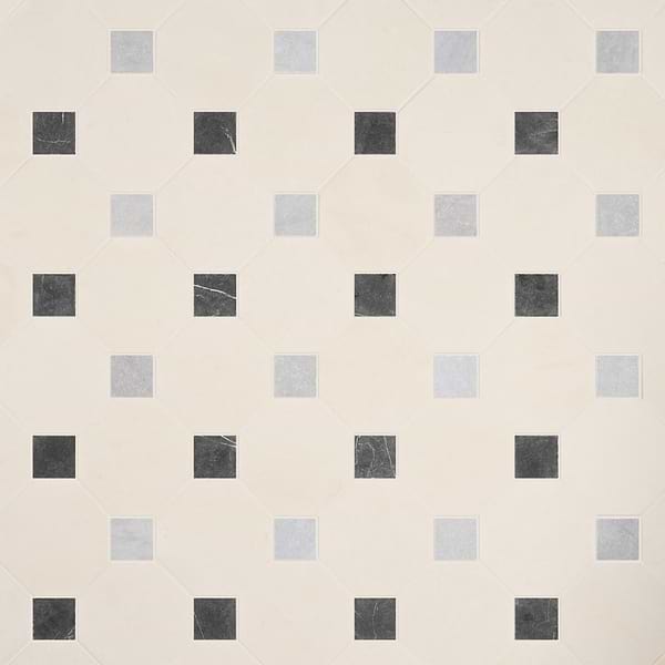 Alaris Simena 8" Octagon with Black Silk and Earth Gray Dot Tumbled Limestone and Marble Tile