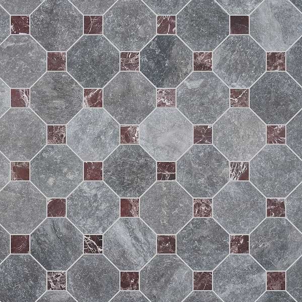 Alaris Lovina Gray 8" Octagon with Rosso Levanto Dot Tumbled Marble Tile