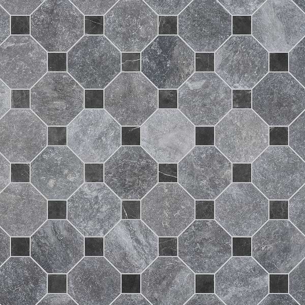 Alaris Lovina Gray 8" Octagon with Black Silk Dot Tumbled Marble Tile