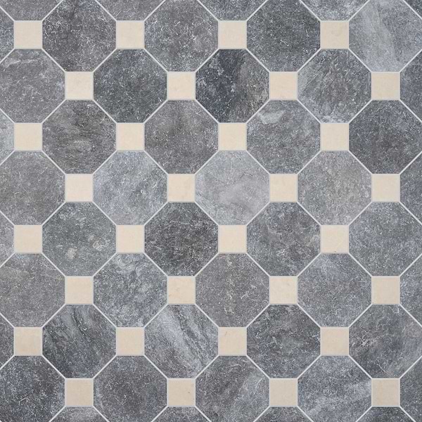Alaris Lovina Gray 8" Octagon with Crema Ella Dot Tumbled Marble Tile
