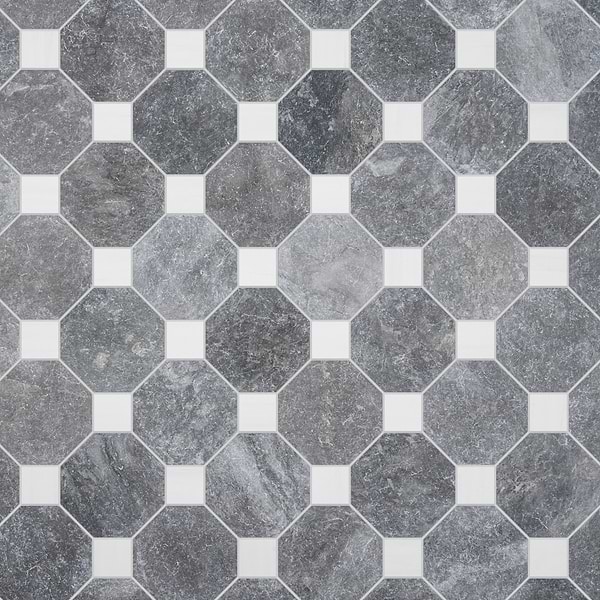 Alaris Lovina Gray 8" Octagon with Glacier White Dot Tumbled Marble Tile