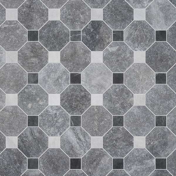 Alaris Lovina Gray 8" Octagon with Black Silk and Earth Gray Dot Tumbled Marble Tile
