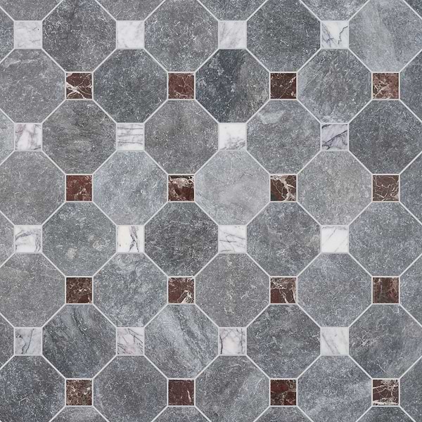 Alaris Lovina Gray 8" Octagon with Lilac and Rosso Levanto Dot Tumbled Marble Tile