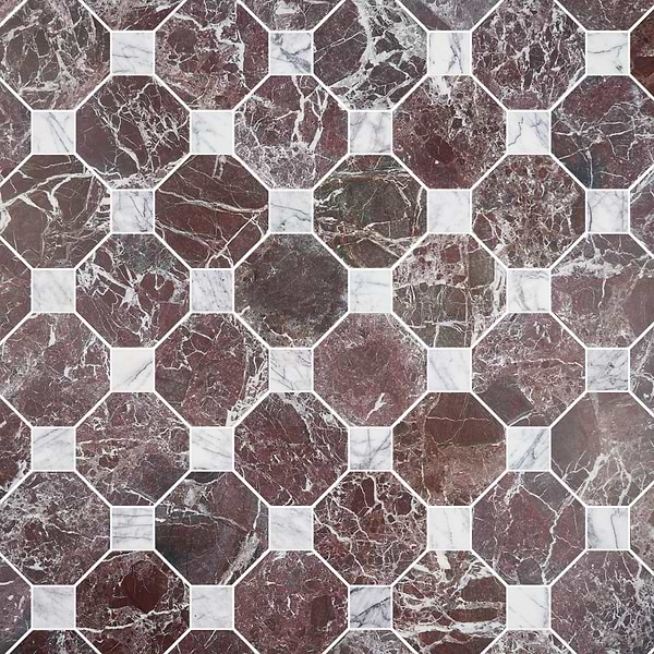 Alaris Rosso Levanto 8" Octagon with Lilac Dot Tumbled Marble Tile