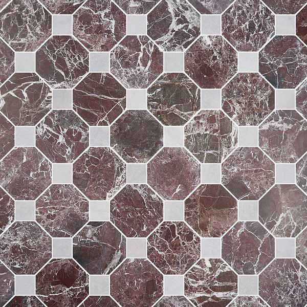 Alaris Rosso Levanto 8" Octagon with Earth Gray Dot Tumbled Marble Tile