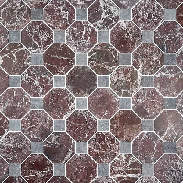 Alaris Rosso Levanto 8" Octagon with Lovina Gray Dot Tumbled Marble Tile