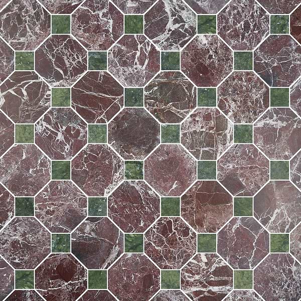 Alaris Rosso Levanto 8" Octagon with Verde Dot Tumbled Marble Tile