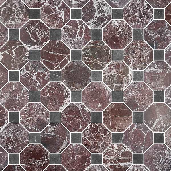 Alaris Rosso Levanto 8" Octagon with Black Silk Dot Tumbled Marble Tile