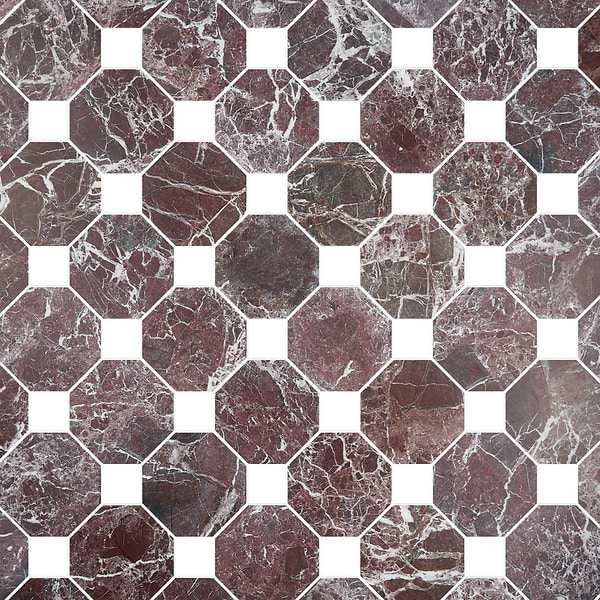 Alaris Rosso Levanto 8" Octagon with Glacier White Dot Tumbled Marble Tile
