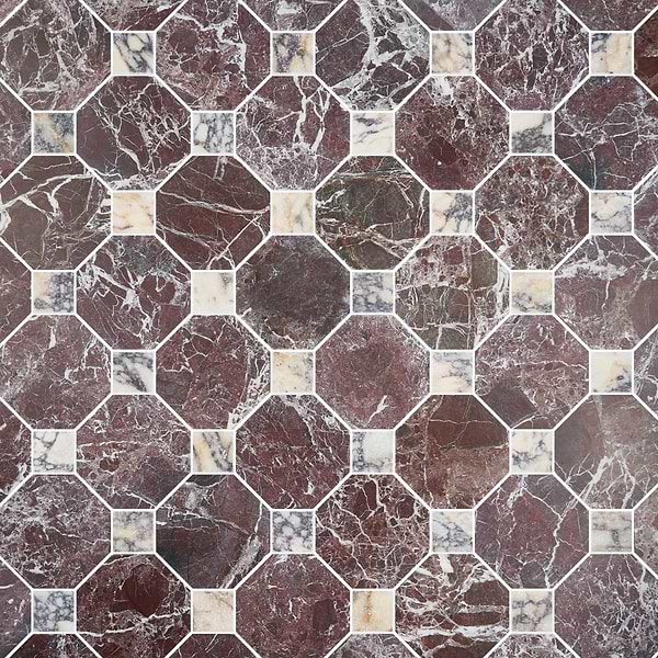 Alaris Rosso Levanto 8" Octagon with Calacatta Viola Dot Tumbled Marble Tile