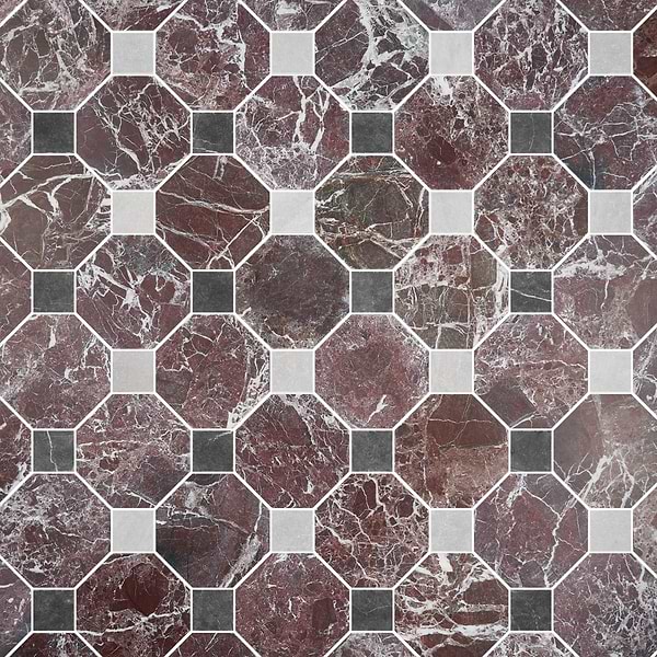 Alaris Rosso Levanto 8" Octagon with Black Silk and Earth Gray Dot Tumbled Marble Tile