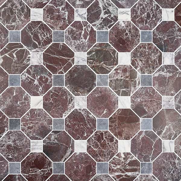 Alaris Rosso Levanto 8" Octagon with Lilac and Lovina Gray Dot Tumbled Marble Tile