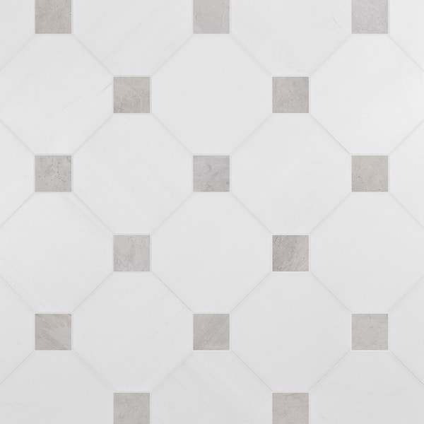 Alaris Glacier White 12" Octagon with Earth Gray Dot Honed Marble Tile