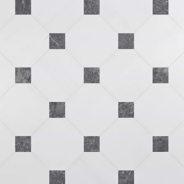 Alaris Glacier White 12" Octagon with Lovina Gray Dot Honed Marble Tile