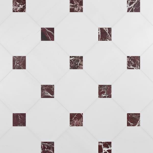 Alaris Glacier White 12" Octagon with Rosso Levanto Dot Honed Marble Tile