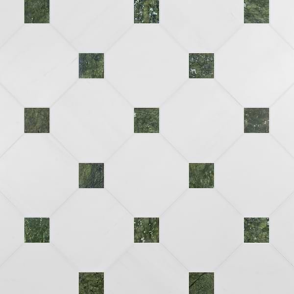 Alaris Glacier White 12" Octagon with Verde Dot Honed Marble Tile