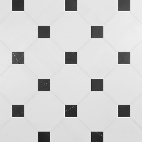 Alaris Glacier White 12" Octagon with Black Silk Dot Honed Marble Tile
