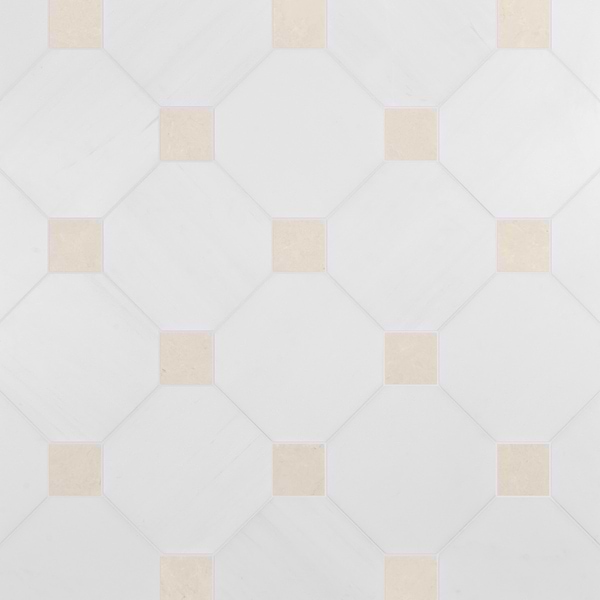 Alaris Glacier White 12" Octagon with Crema Ella Dot Honed Marble Tile