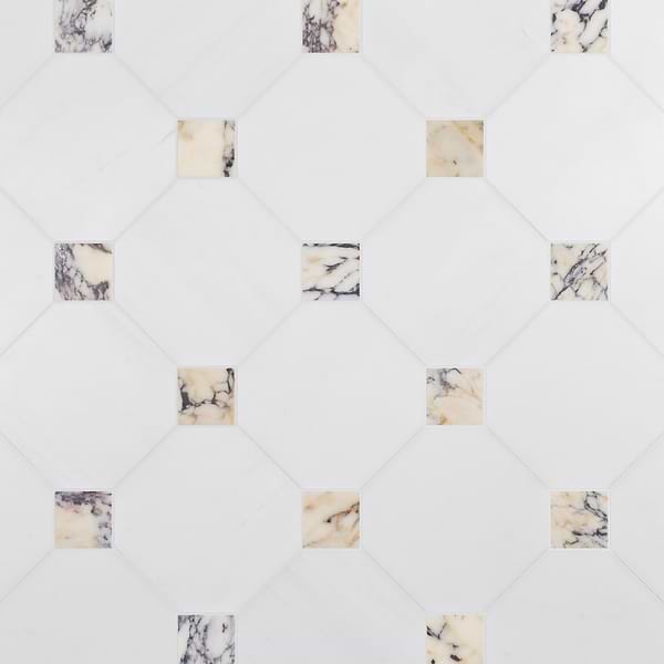 Alaris Glacier White 12" Octagon with Calacatta Viola Dot Honed Marble Tile