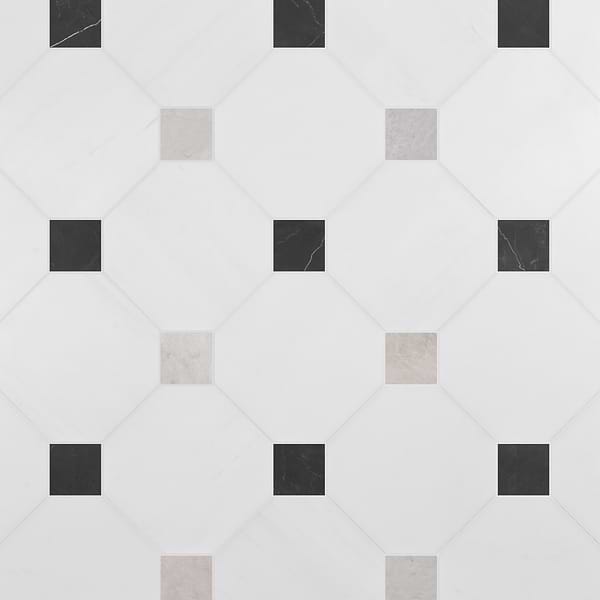 Alaris Glacier White 12" Octagon with Black Silk and Earth Gray Dot Honed Marble Tile