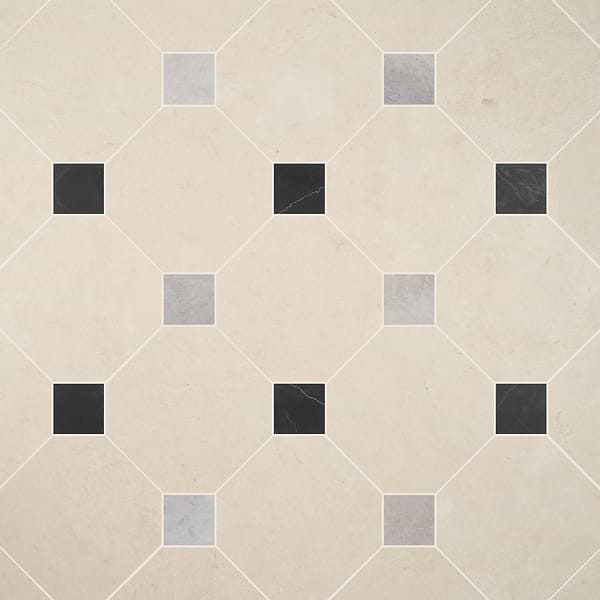 Alaris Crema Ella 12" Octagon with Black Silk and Earth Gray Dot Honed Marble Tile