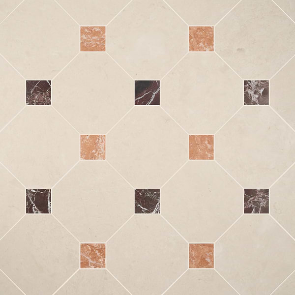 Alaris Crema Ella 12" Octagon with Bellini and Rosso Levanto Dot Honed Marble Tile