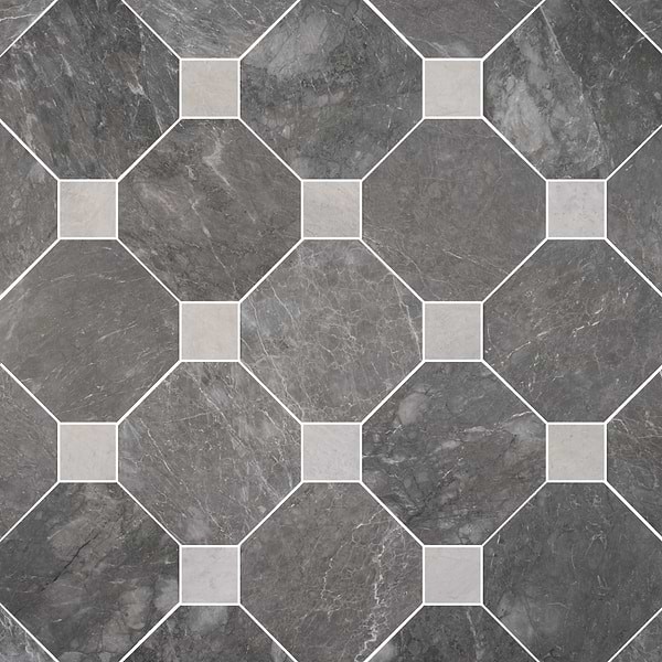 Alaris Lovina Gray 12" Octagon with Earth Gray Dot Honed Marble Tile