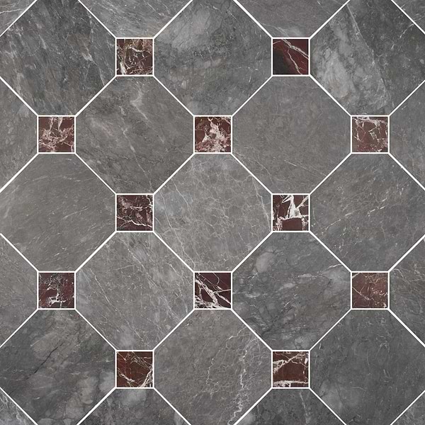 Alaris Lovina Gray 12" Octagon with Rosso Levanto Dot Honed Marble Tile