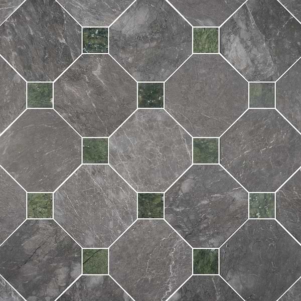 Alaris Lovina Gray 12" Octagon with Verde Dot Honed Marble Tile