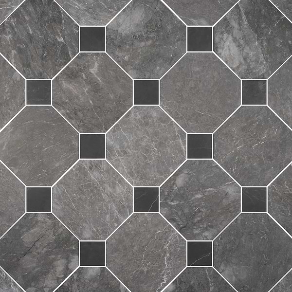 Alaris Lovina Gray 12" Octagon with Black Silk Dot Honed Marble Tile