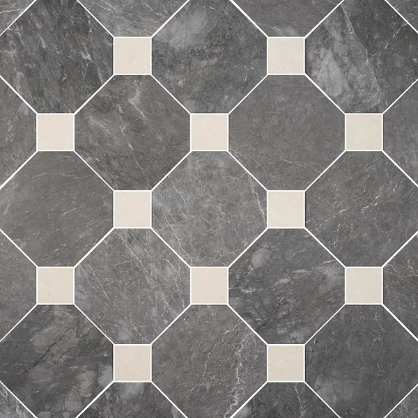 Alaris Lovina Gray 12" Octagon with Crema Ella Dot Honed Marble Tile