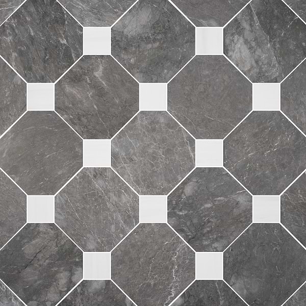 Alaris Lovina Gray 12" Octagon with Glacier White Dot Honed Marble Tile