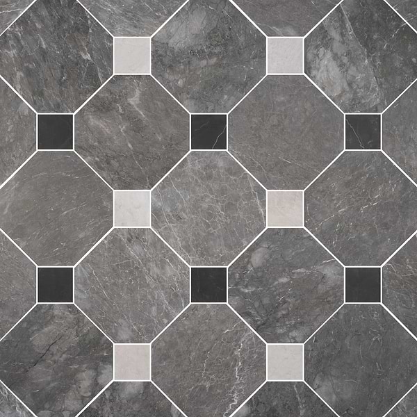 Alaris Lovina Gray 12" Octagon with Black Silk and Earth Gray Dot Honed Marble Tile