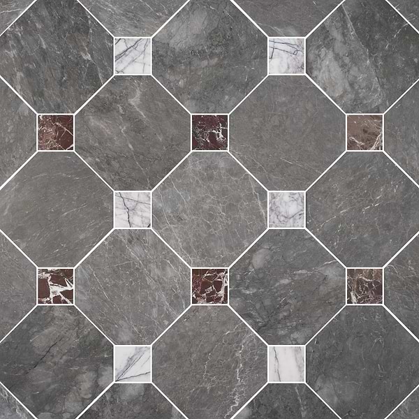 Alaris Lovina Gray 12" Octagon with Lilac and Rosso Levanto Dot Honed Marble Tile