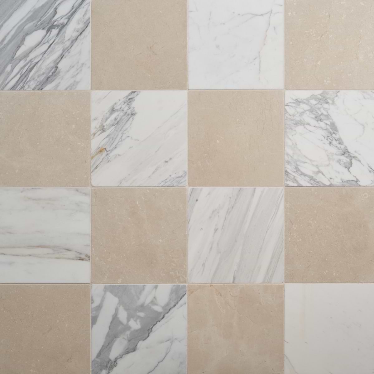 Avanti Calacatta Gold and Crema Marfil Beige 12x12 Tumbled Marble Checkerboard Tile