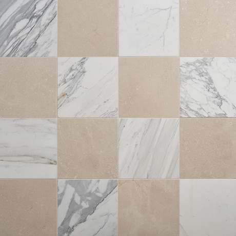 Avanti Calacatta Gold and Crema Marfil Beige 12x12 Tumbled Marble Checkerboard Tile