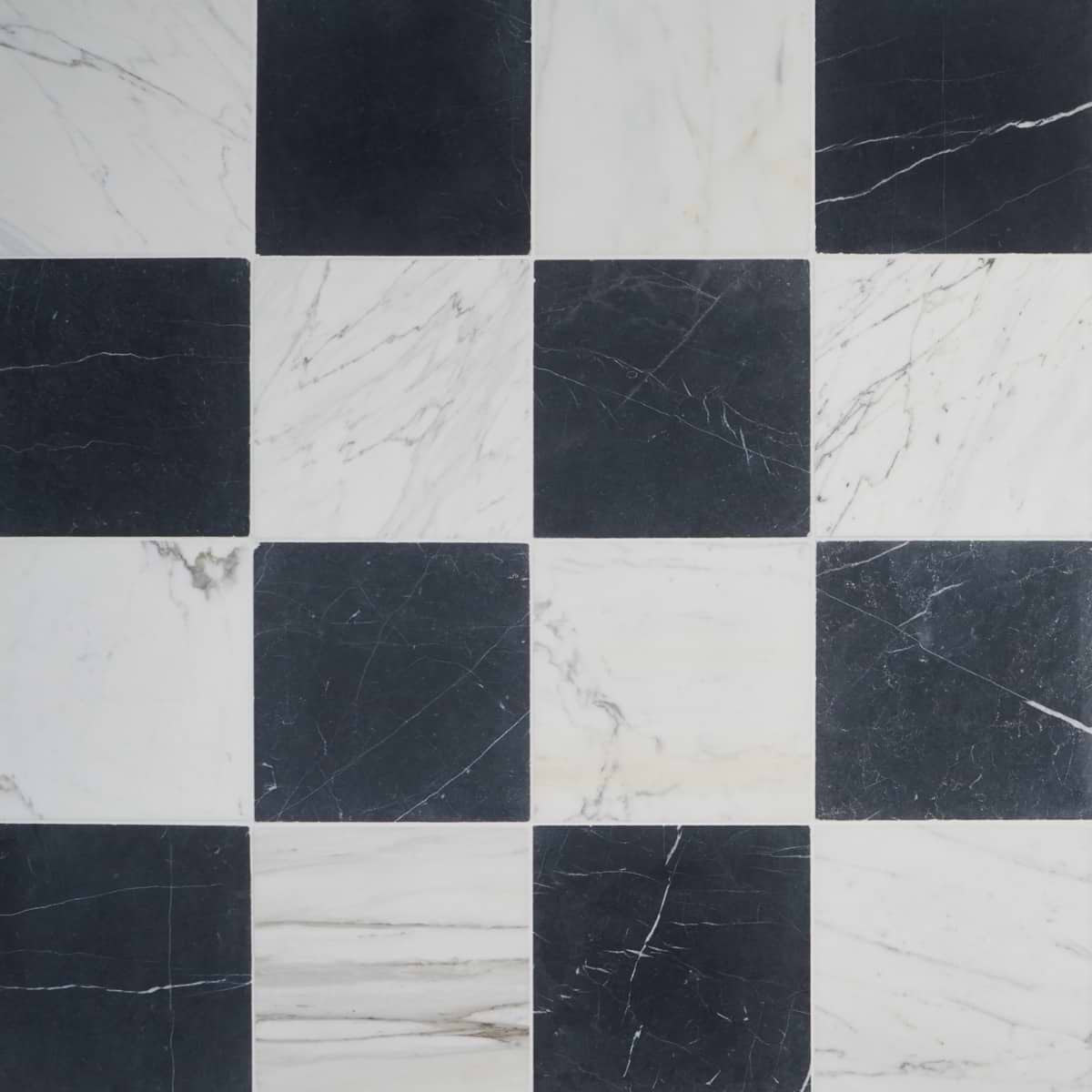 Avanti Nero Marquina Black and Calacatta Gold 12x12 Tumbled Marble Checkerboard Tile
