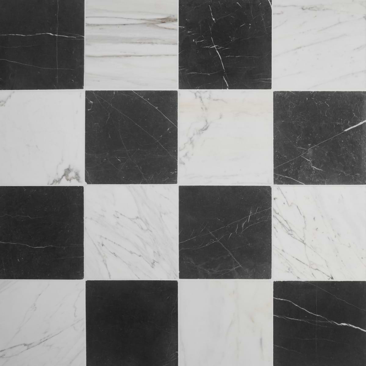 Avanti Nero Marquina Black and Calacatta Gold 12x12 Tumbled Marble Checkerboard Tile