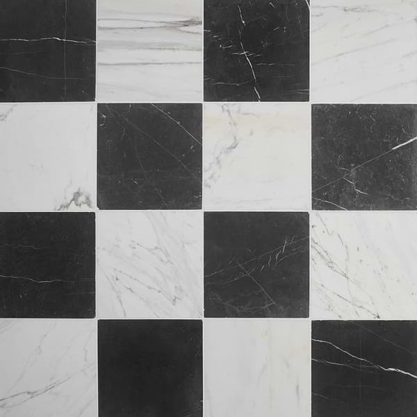 Avanti Nero Marquina Black and Calacatta Gold 12x12 Tumbled Marble Checkerboard Tile