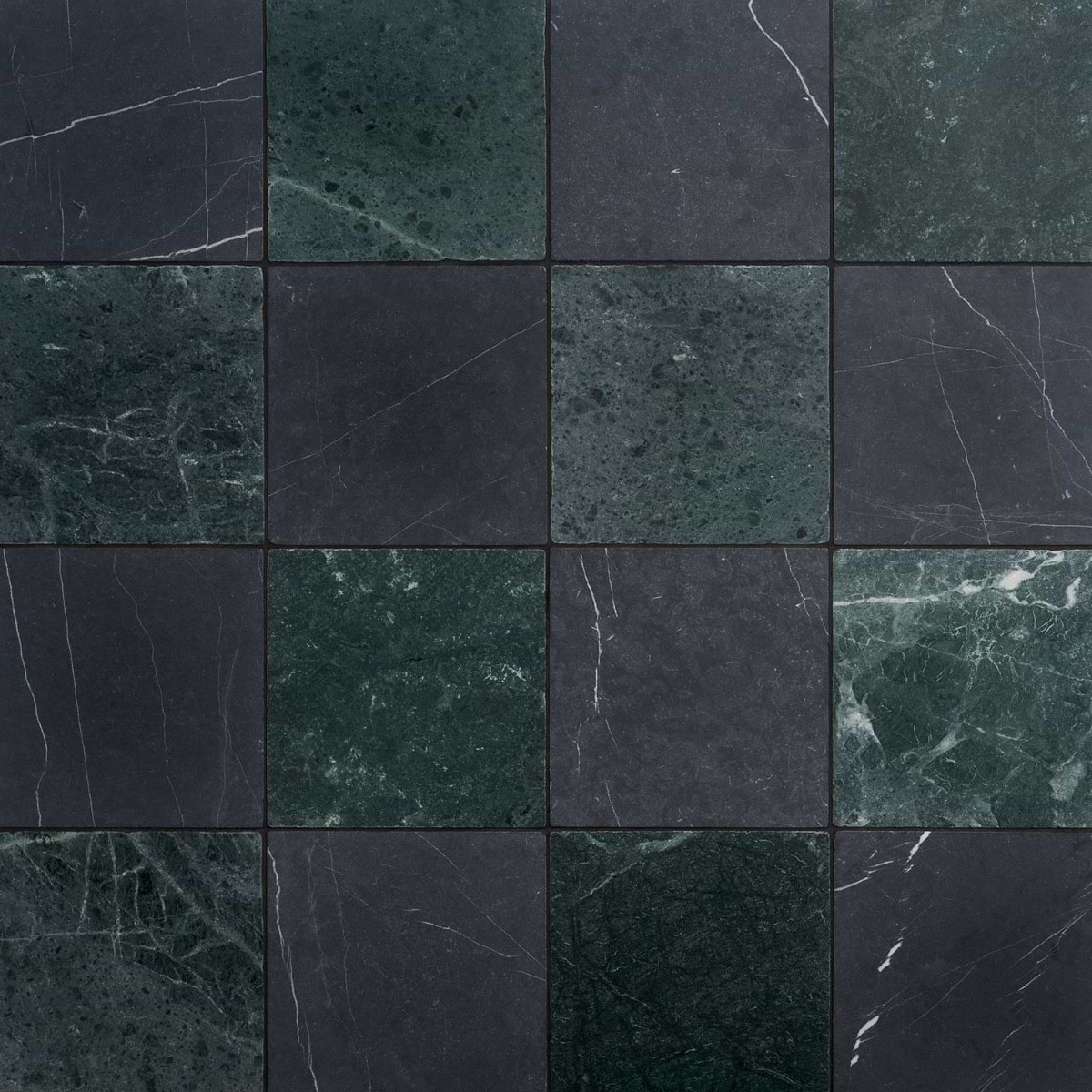Avanti Nero Marquina Black and Verde Green 12x12 Tumbled Marble Checkerboard Tile