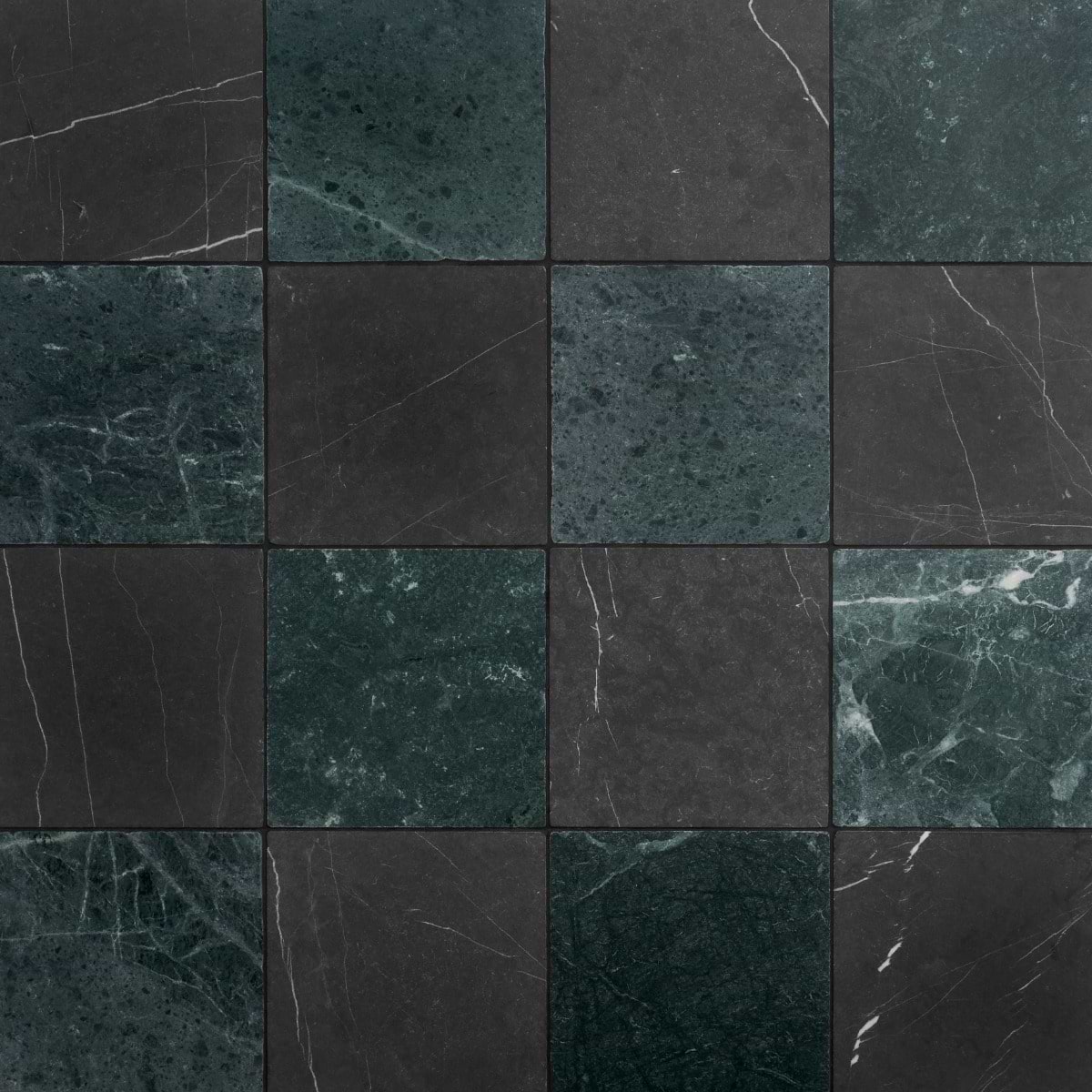 Avanti Nero Marquina Black and Verde Green 12x12 Tumbled Marble Checkerboard Tile